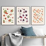 Obst Küche Poster Boho Aquarell Leinwanddruck Feige Wassermelone Pfirsich Wandkunst Dekoratives Bild für Raumdekor 50x70cmx3 Kein R