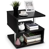 COSTWAY Beistelltisch schwarz, Sofatisch aus Holz und Metall, Kaffeetisch 3 Ebenen, Telefontisch quadratisch, Nachttisch 50x50x50