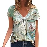 Damen-T-Shirt mit Rundhalsausschnitt Vintage-Libellendruck Kurzarm Tops Casual Lose Oberteil Sommer Freizeittop Hemdbluse Damen Oversize Blusen Lässiges lockeres Sport T