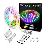 MYPLUS LED Streifen, RGB Led Strips 5M mit IR-Fernbedienung und Netzteil Led Beleuchtung Band für Zuhause, Schlafzimmer, TV, Decke, Schrankdek