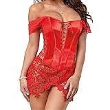 Sxybox Damen Faux Leder Korsett Korsage Gothic Sexy Dessous Corsagenkleid Vollbrust Korsagenkleid Corsage Clubwear,Rot,6XL