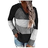 MOKBAY Mode Frauen Casual Patchwork V-Ausschnitt Lange Ärmel Mit Kapuze Pullover Bluse Tops Pullover Sweatshirt Jacken Damen Pulli Damen Sexy Pullover Pulli Damen Pullover Mit Schnürung