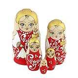 Azhna Matrjoschka, 5 Stück, Souvenir, Matroschka, Heimdeko-Kollektion, ineinander verbrannte und handbemalte russische Puppe, 10,5 cm, Holzpuppe (rot)