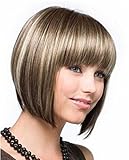 Kalyss Kurz Braune Straight Synthetic Perücke bBrown Hellbraun Bob Wig mit Blonde Highlight Für F