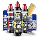 Auto Politur Set - Menzerna Autopolitur 250ml: Super Heavy Cut Compund HC1000 + Medium Cut 2500 + Super Finish Plus SFP3800 + SONAX XTREME Ceramic LackProtect Keramikversiegelungsset 7-teilig