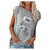 T-Shirt Damen 3D Print Sommer Kurzarm Oberteile Oversize Chrysanthemenmuster Lockeres mit Kurzen Ärmeln Blumen Motiv Tunika Shirt Lose Rundhals Bluse Tee Top Rundhalsausschnitt Teenager M