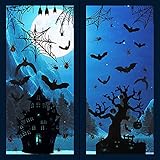 Larcenciel Halloween Fensteraufkleber Set, 6 Blatt Fensterfolie 90 Stück kleine Fenster Aufkleber, Gruseliges Fensterbild Spinnen- und Fledermausmuster Selbstklebend Fenstersticker (20 x 30 cm)