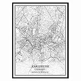 Karlsruhe Deutschland Karte Wandkunst Leinwand drucken Poster Artwork ungerahmt moderne Schwarz-Weiß-Karte Souvenir Geschenk Home D