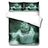 Bettwäsche Set 3 teilig Set 240x220 cm 3D Segelboot auf dem grünen Meer Druck Muster weiche Flauschige hypoallergen Winter Bettbezüge mit Reißverschluss + 2 Kissenbezüge 80x80