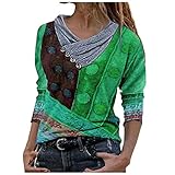 Zilosconcy Pullover Damen Lässiges Basic Hemd Patchwork Herbst Langarmshirts Winter Dünnes Leichtes Sweatshirt Weite Tunika mit V Ausschnitt Oberteile Baggy Bequeme Bluse Top