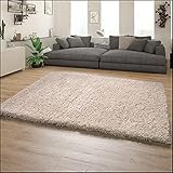 Paco Home Hochflor Teppich Wohnzimmer Flauschig Schlafzimmer Shaggy Modern Weich Einfarbiges Muster, Grösse:160x230 cm, Farbe:Beig