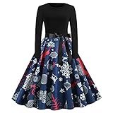 Lazzboy Weihnachtskleid Damen Herbstkleid Weihnachtsdruck Elchdruck Vintage Langarm 1950er Abend Party Abendkleid Lose Hohe Taille Hochzeit Urlaub Splice Maxi Kleider (Schneeflocke-B,XL)