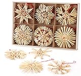 Homewit Strohstern den Weihnachtsbaum, 24 Festliche Strohsterne Set - Natürlicher Stroh-Anhänger für Christbaum-Schmuck, Weihnachtsdekoration - Ø 8cm mit Einer Schönen Holzk