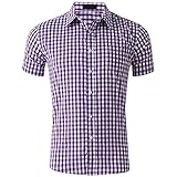 Hemd Herren Basic Slim Fit Kariert Herren Freizeithemd Atmungsaktiv Sommer Knopfleiste Kurzarm Herren Funktionshemd Sommer Kent-Kragen Herren Shirt H-Purple L