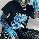 Gothic Harajuku Patchwork T-Shirts E-Girl Ästhetische Grafik Gedruckt Y2K Style Mesh T-Shirt Loose Punk Frauen Streetwear-Schwarz_M