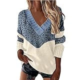 Kobay Damen Herbst Winter Langarm Casual Mantel Oberteile Elegant Langarmshirt Frauen Solide Patchwork Farbe V-Ausschnitt Langarm Pullover Pullover Tops(2-Blau, S)