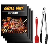 Dailyart Grillmatte 50x40cm 100% Antihaft BBQ Grillmatten 4er Set mit 13' Grillzange & Silikonbürste Wiederverwendbar PFOA-Frei für bis 500℉ Teflon Grillmatte für Gasgrill, Holzkohle, Elektrog