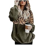 Teddyjacke Damen mit Kapuze Wintermantel Damen Warm Teddy-Fleece Plüschjacke Leopard Casual Zip Up Hoodie Outwear Dicker Damenmantel mit Leopardenprint Fleecemantel Winterjack