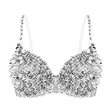 Doomiva Damen BH Push Up Pailletten Oberteil Top Bustier mit Glitzer BH Bauchtanz Kostüm Karneval Fasching Verkleidung Party Clubwear Silver L