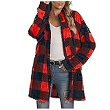 Kariertes Fleece Hemd Damen Retro Style Karo Basic Jacke Boyfriend Look Jacke Vintage Stehkragen Winterjacke Knöpfen Langarm Mantel Hemdjacke Mantel mit Karomuster Bluse Revers Wintermantel Lose C