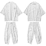 CHUIKUAJ Harajuku Kimono Jacke Hose Männer Frauen - 3/4 Ärmel Bedruckte Strickjacke Pluderhosen Anzug/Paar Lässig Lose Große Größe Streetwear,White-3XL