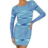 Qtinghua Damen Sexy Bodycon Kleid Elegant Langarm Rundhals Abstrakt Geometrisch Print Mini Knit Partykleid, blau, S