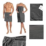 ARLI Saunakilt Damen + Herren Set Saunatuch Saunahandtuch Baumwolle Anthrazit Gummizug Tasche Klettverschluss praktisch individuell anpassbare Größe Sauna Sarong Kilt Wellness Hamam Mann F