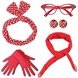 Coucoland 50er Jahre Rockabilly Kostüm Accessoires Damen 1950s Zubehör Set Inklusive Polka Dots Bandana Haarband Ohrringe Handschuhe Katzenaugen Sonnenbrille Chiffon Schal (Rot)