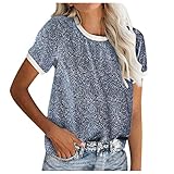 B-commerce Damen Sommer Rundhals Kurzarm Print Casual Shirt Slim Fit Top, navy, Larg