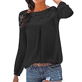 Oberteil Damen Langarm T-Shirt mit Floral Spitze Große Größe, Rovinci Frühling Herbst Spitzenshirt Lose Cut Out Lace Patchwork Sweatshirt Bluse Elegant Langarmshirt Oversize Tops Tunika H