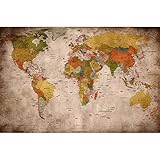 GREAT ART® Poster – Retro World Map – Old School Vintage Weltkarte Used Look Globus Kontinente Atlas Antik Weltkugel Geografie Kartografie Dekoration Wandbild Din A2 (42 x 59,4 cm)