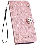 Ysimee Hülle kompatibel mit iPhone 6S Plus, Glitzer Handyhülle PU Ledertasche Kartenfach mit Handschlaufe Eingelegten Diamond Strass Bing Schutzhülle Ständer Funktion Flip Cover, Diamant Roség