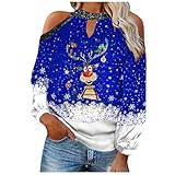 Eaylis Damen V-Ausschnitt Langarm T-Shirt Weihnachten Sexy Off Shoulder Weihnachtspullover Lässig Elch Weihnachtsbaum Drucken Teenager Mädchen Lose Christmas Pullover Sweatshirt Pulli Ob