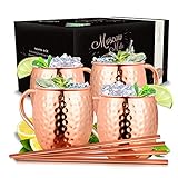 Vezato Moscow-Mule-Becher [500ml] – Gehämmerte Kupferbecher mit Strohhalmen – Handgemachtes Moscow-Mule-Set [4 Stück] – Rostfreie Kupfer Becher für Moscow M