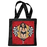 Tasche Umhängetasche 'SEXY LADY MIT ZIELFAHNE FLAGGE RENNEN VERANSTALTUNG BIKERSHIRT MOTORRAD CHOPPER GOTHIC MOTORCYCLE SKULL MOTORRADCLUB BIKE ROUTE 66 ' Einkaufstasche Schulbeutel Turnbeutel in S