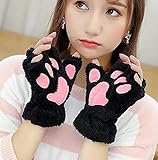 Frauen Bär Plüsch Katze Pfote Klaue Handschuhe Winter Nettes Kätzchen Fingerlose Fäustlinge Handschuhe Weihnachten Halloween für Frauen Mädchen -Black-One S