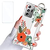 Samsung Galaxy Note 20 Ultra Clear Case Orange Floral Wrist Strap Ständer mit Displayschutzfolie Blume Schutz Transparent Handy Bumper Band Cover für Frauen Mädchen für Note 20 Ultra 6,9 Z