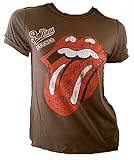 Amplified Damen Lady T-Shirt Stonewash Braun Chocolate Brown Official The Rolling Stones Merchandise Unterschriften Zunge Special Edition VIP Rock Star Vintage Nähte Aussen Löcher Destroyed M 38