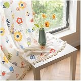 SAYT RLAE Boho Gardinen Baumwolle Leinen Blickdicht Vorhänge Vintage Bauernhaus Vorhang mit Weiße Quasten Blumen Mädchen Muster Stangentasche Fenstervorhänge für Mädchenzimmer, 1 Stück, B150xH180