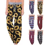 Jaysis Damen Freizeithose Straight Weitem Bein Gerade Hose Elastischer Hoher Taille Mit Kordelzug und Sonnenblumen Kariertes Druck Frauen Haremshose Yogahosen Sporthose Mode Lose Nachtwäsche H