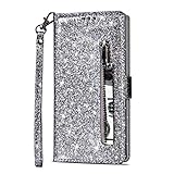 Artfeel Reißverschluss Brieftasche Hülle für Samsung Galaxy Note 8, Bling Glitzer Leder Handyhülle mit Kartenhalter,Flip Magnetverschluss Stand Schutzhülle mit Tasche und Handschlaufe-Silb