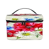 CIKYOWAY PU Kosmetiktasch,Aquarell Vintage Aquarell Bouquet von Wildblumen Marienkäfer Biene und Blaue Schmetterlinge auf Beige Hintergrund,Wasserdicht Makeup Tasche Organizer,Trageg