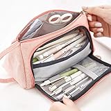 Wudang Federmäppchen Rosa Groß, Federtaschen Teenager Mädchen, Etui Stifte 3 Fach Pink, Große Kapazität Briefpapier Pouch Stifte Etui Mäppchen mädchen teenager, Leinen, 20 * 11CM (A)