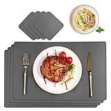 CHONLY Platzsets Abwischbar PU Kunstleder Grau Tischsets 4er Sets Wasserdicht Platzdecken Lederoptik 45x30cm und 4er Glasuntersetzer Geschenke Kiste für Hause Küche Restaurant und H