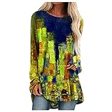 RMBLYfeiye Vintage T-Shirt Damen Pullover Tunika Top Retro Mittlere Länge Langarmshirt Stretch Bluse Blumenmuster Tops Rundhals Stil der Ölmalerei Oberteile Lose Shirt C