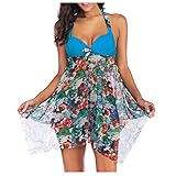 Damen Bedruckte Mesh Badeanzug Rock Sexy V-Ausschnitt Rückenfrei Swimsuit Neckholder Bindeband Bademode Zweiteiler Badeanzug