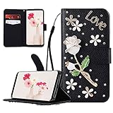 Yewos Hülle für Samsung Galaxy S21,Glitzer Leder Schwarz Brieftasche Handyhülle mit Kartenfächer Ständer Handschlaufe Glänzend Diamant Strass Magnetische Schutzhülle für Frauen,Love R