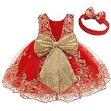 Taufkleid Baby Mädchen Blumenmädchenkleider Kinder Ärmellos Rückenfrei Stickerei Prinzessin Tütü Kleid Festliches Hochzeit 1. Geburtstag Partykleid Abendkleid mit Stirnband Rot+Spitze 0-3 M