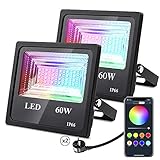 60W RGB Weiß LED Strahler [2er pack], IP66 Wasserdicht LED Fluter, Smart APP Steuerung 16 million Farben Gartenstrahler, Musik Rhythmus Farbwechsel Außenstrahler für Außen, Innen, Garten, Party