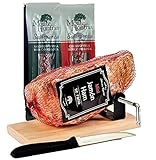 Ohne Knochen Serrano Schinken 1kg - Gepökelt und vakuumverpackt + Stücke Chorizo und Salchichon aus Eichelmast 150 g. Spanisch + Schinkenhalter und Schneidemesser + Ideal für Vorspeisen und Tap